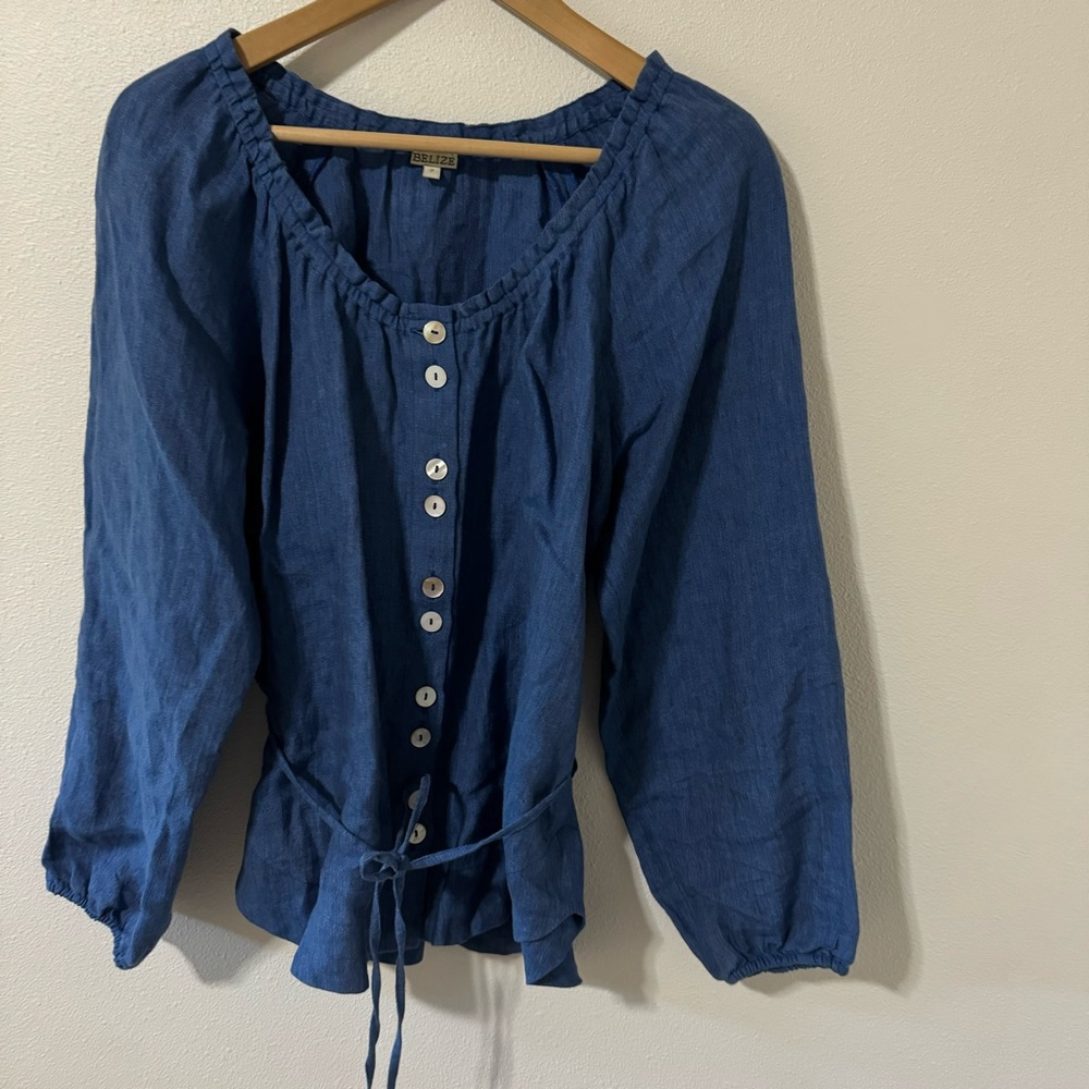 Belize Linen Balloon Sleeve Blouse Blue Mother of Pearl Button Waist Tie-6